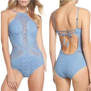 Becca Periwinkle Blue Crochet Open Knit High Neck Open Back One Piece Swimsuit